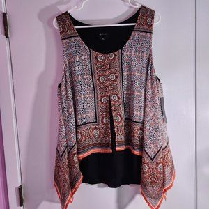 AB Studios sleeveless split handkerchief style blouse in black and orange NWT